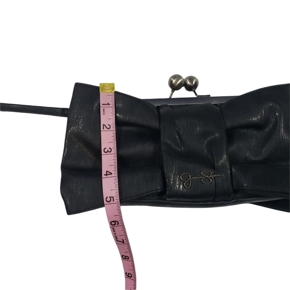 Jessica Simpson Black Faux Leather Bow Clutch Wristlet Detachable Wallet Keyring - Picture 11 of 11